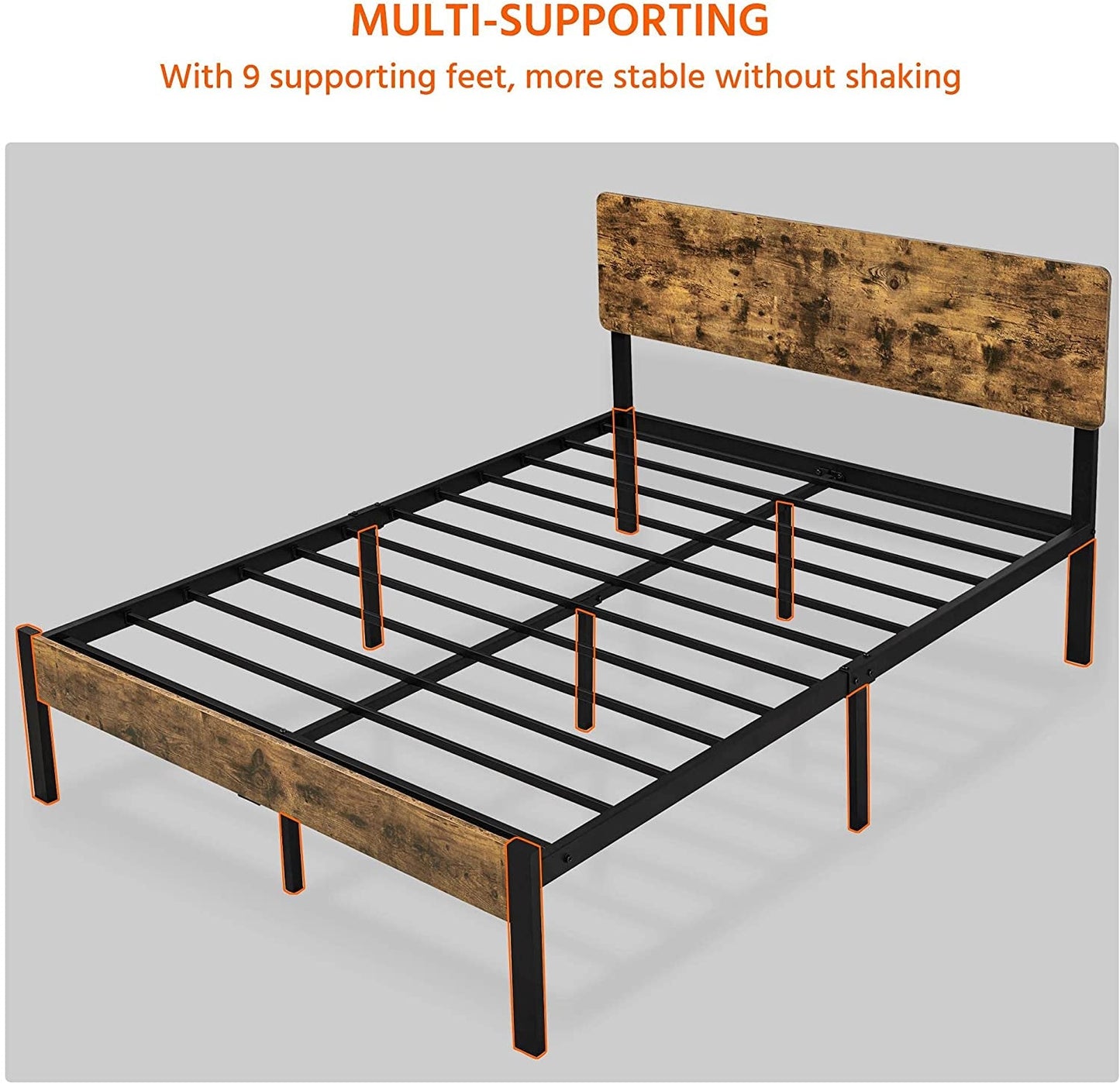 "Sturdy Full Metal Bed Frame with Elegant Wooden Headboard - the Perfect Foundation for a Comfortable Sleep"