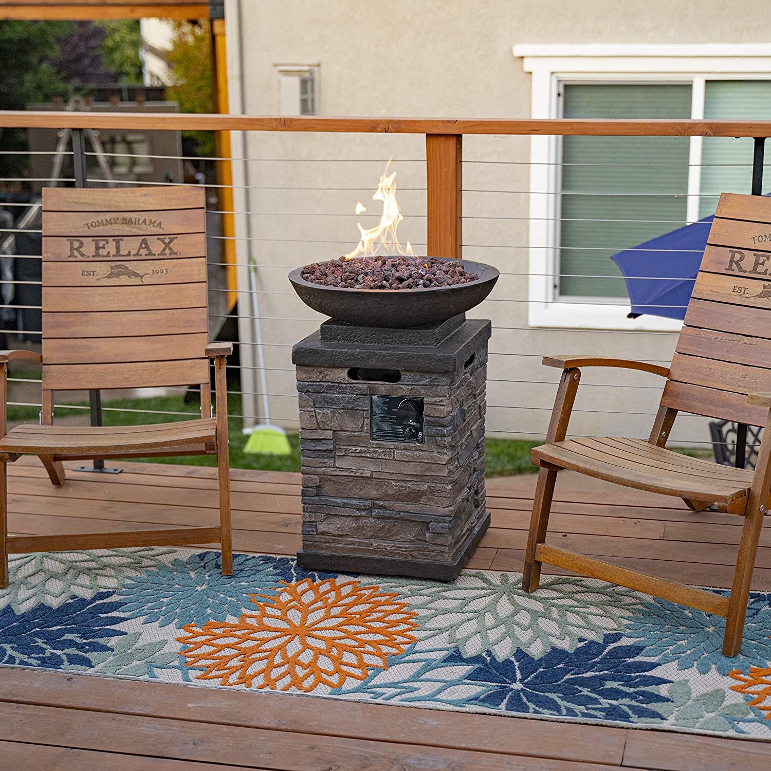 "Enhance Your Outdoor Ambiance with the Newcastle Propane Firebowl Column - Realistic Look Firepit Heater with Lava Rock, 40,000 BTU Outdoor Gas Fire Pit - Experience the Beauty of Natural Stone!"