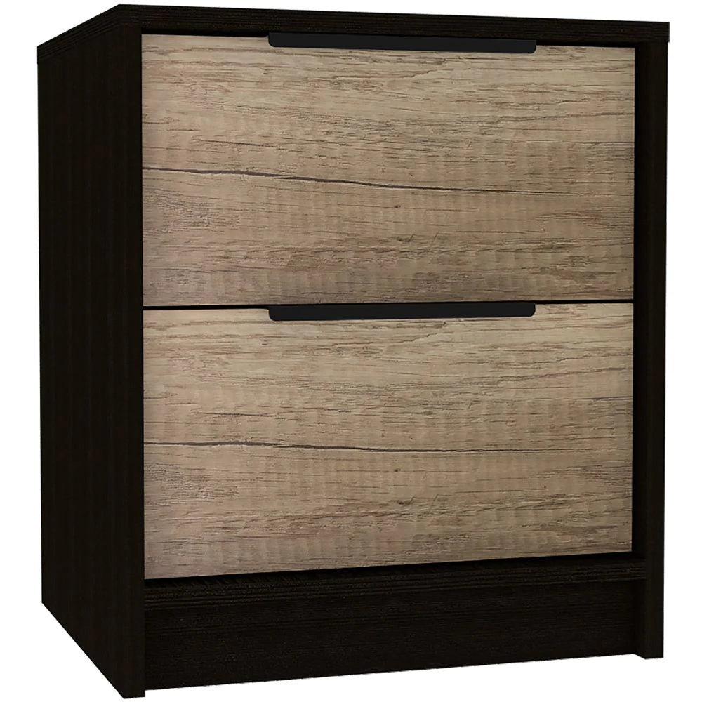 "Stylish Nightstand with Two Drawers, Sleek Metal Handle, and Elegant Black Wengue / Pine Finish"