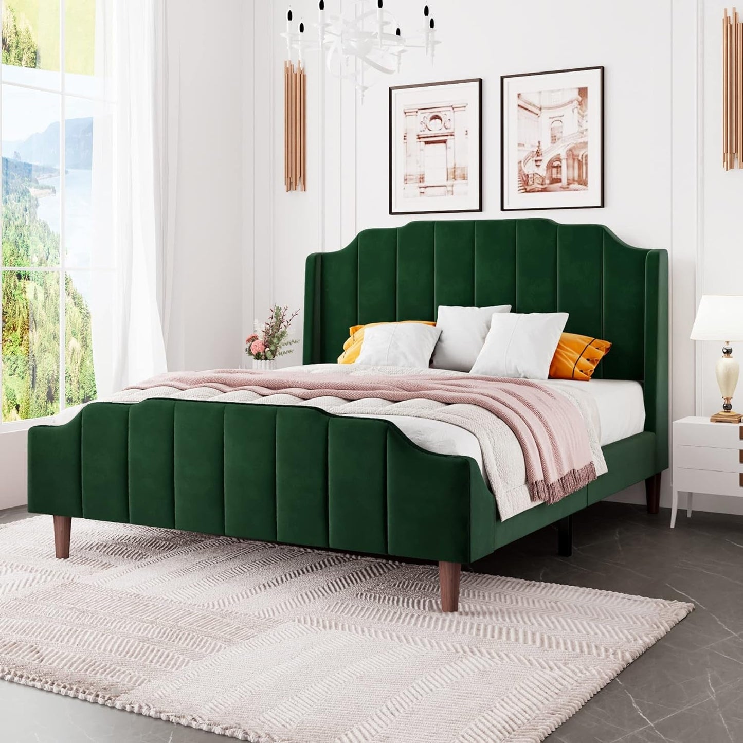 "Luxurious Queen Size Velvet Platform Bed with Elegant Wingback Headboard and Footboard - Solid Wood Frame, No Box Spring Required - Effortless Assembly - Stunning Green Design"