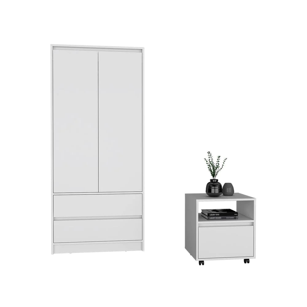 "Stylish and Functional Laurel 2 Piece Bedroom Set in White - Complete with Nightstand and Armoire"