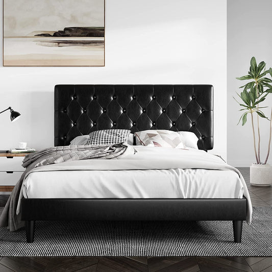 "Ultimate Comfort and Style: Queen Size Platform Bed Frame with Luxurious Button Tufted Headboard, Sleek Faux Leather Upholstery, and Sturdy Wooden Slat Support - No Box Spring Required!"