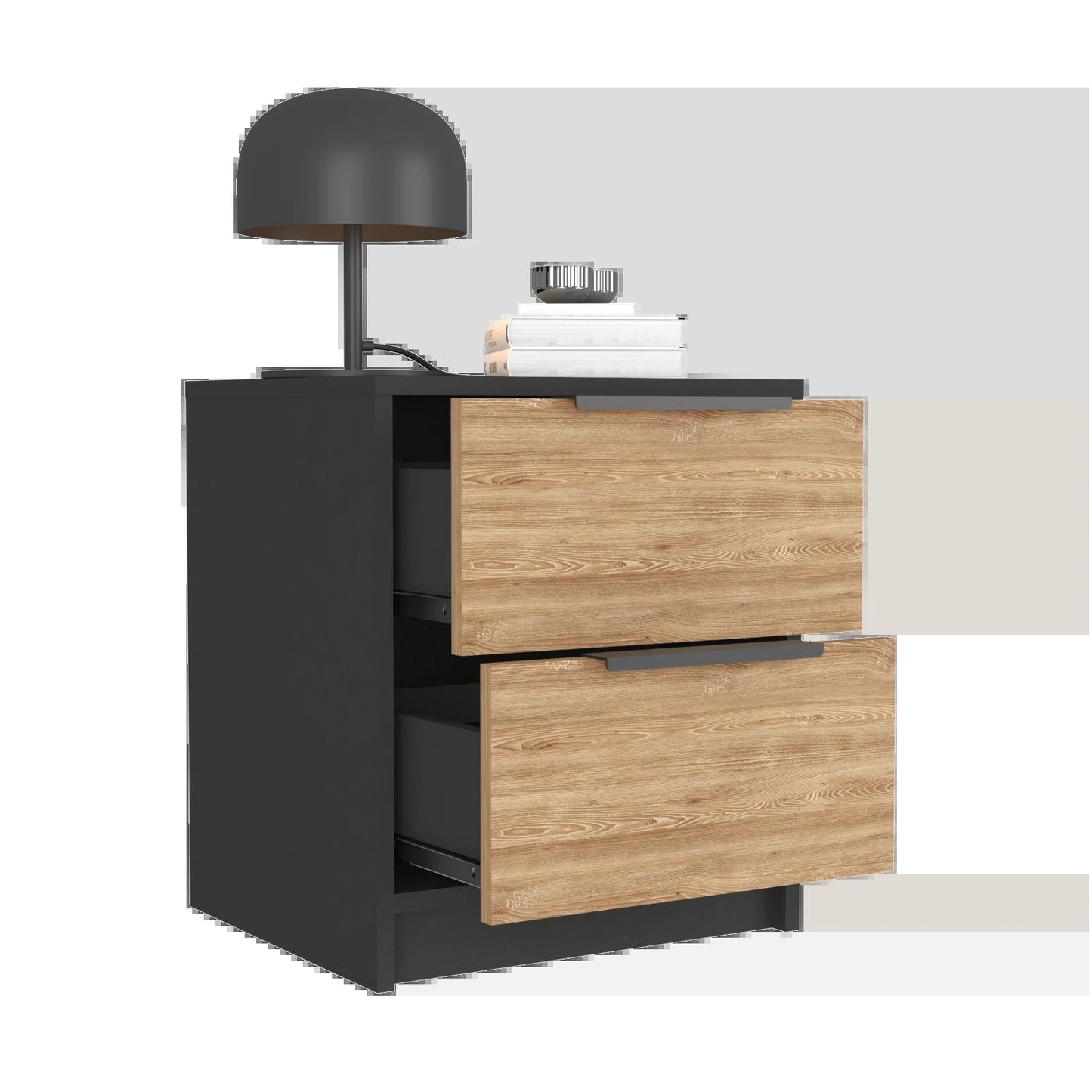 "Stylish Nightstand with Two Drawers, Sleek Metal Handle, and Elegant Black Wengue / Pine Finish"