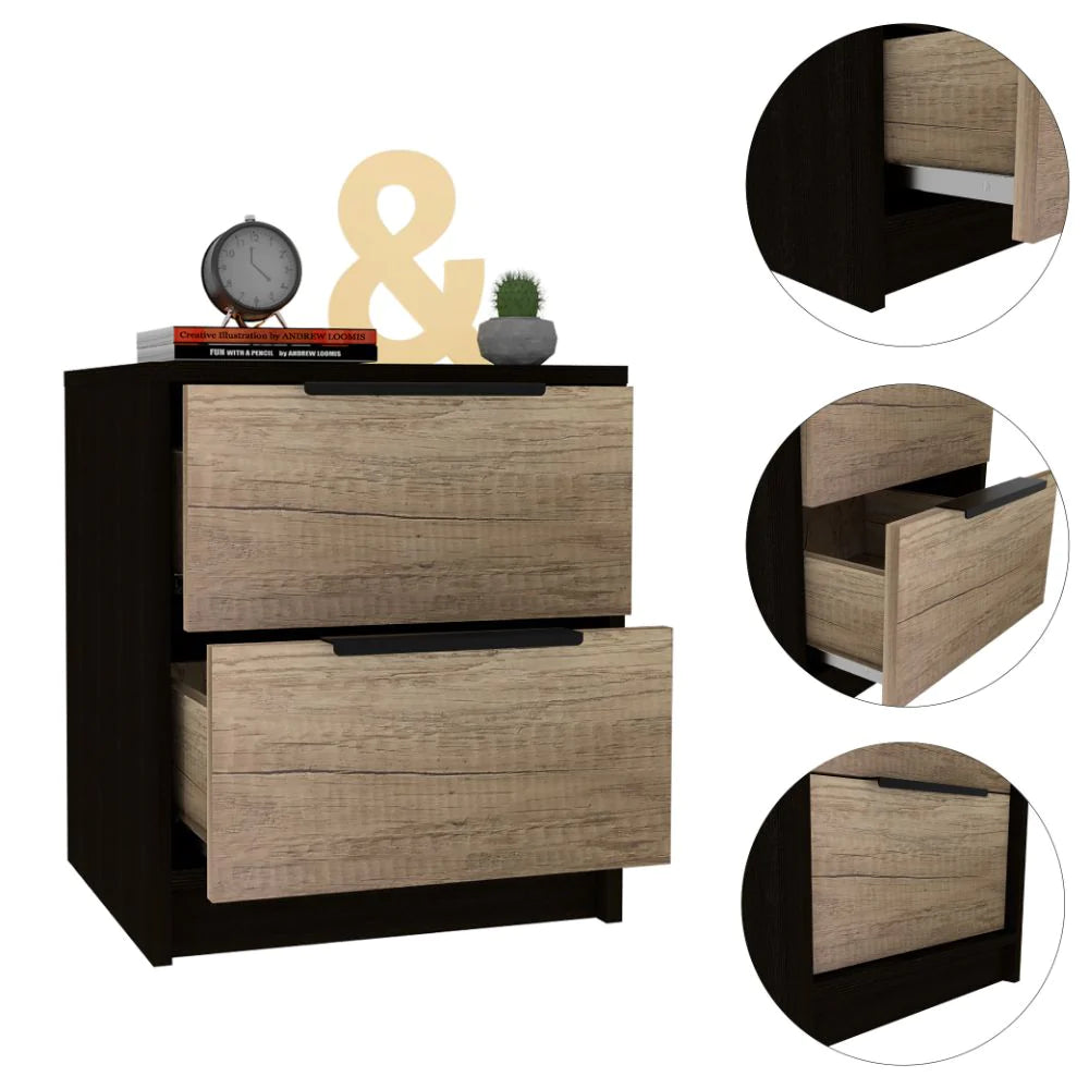 "Stylish Nightstand with Two Drawers, Sleek Metal Handle, and Elegant Black Wengue / Pine Finish"