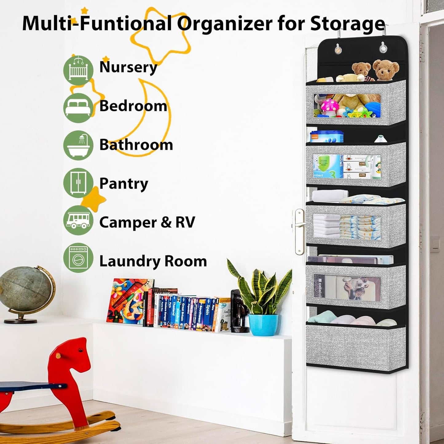 "Ultimate Door Hanging Organizer: 5 Spacious Pockets, Clear Windows, and Sturdy Hooks for Pantry, Nursery, Bathroom, Kitchen, Closet, and More (Grey)"