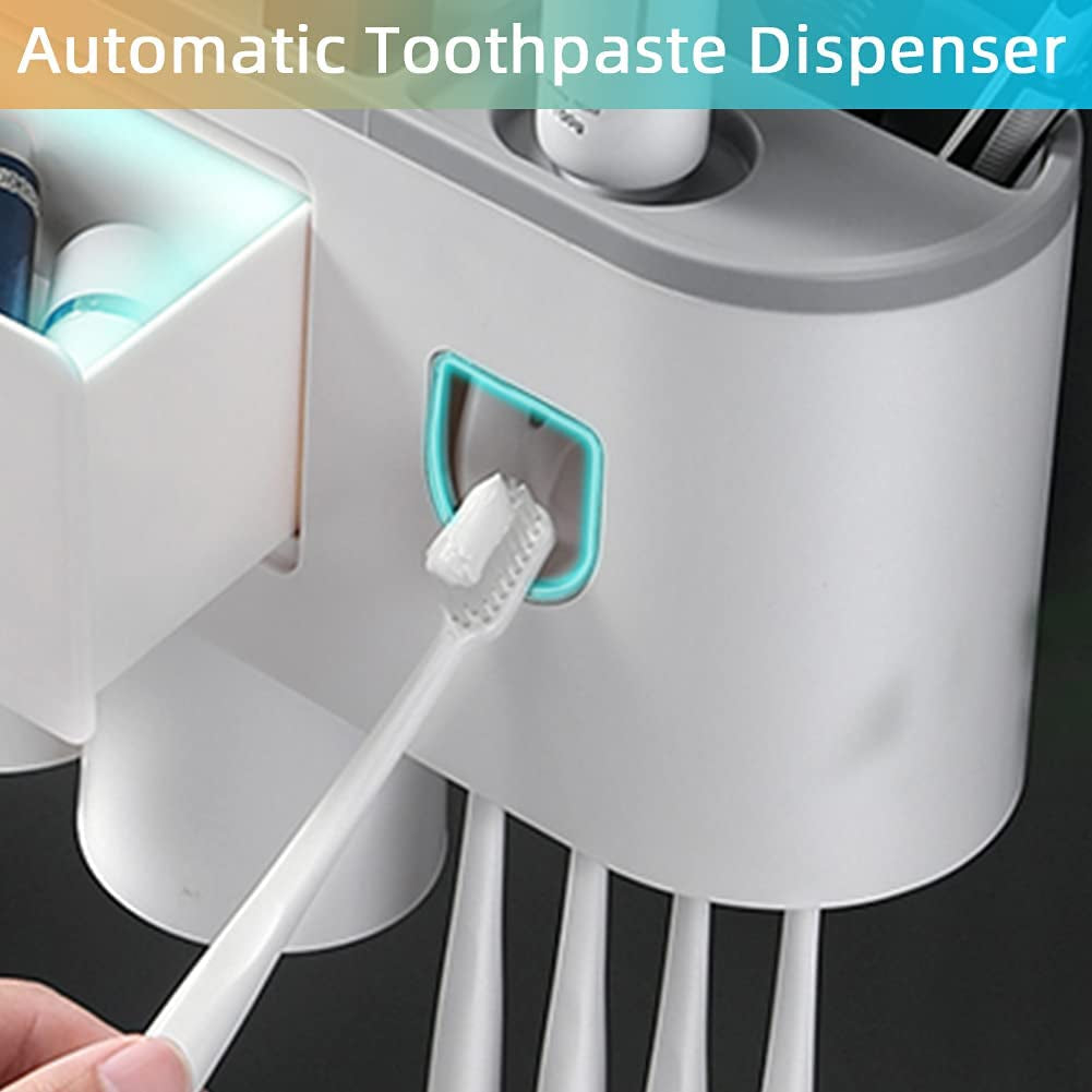 "Convenient Toothbrush Holder with Automatic Toothpaste Dispenser and Magnetic Cup - Perfect Bathroom Organizer for Kids - Grey"