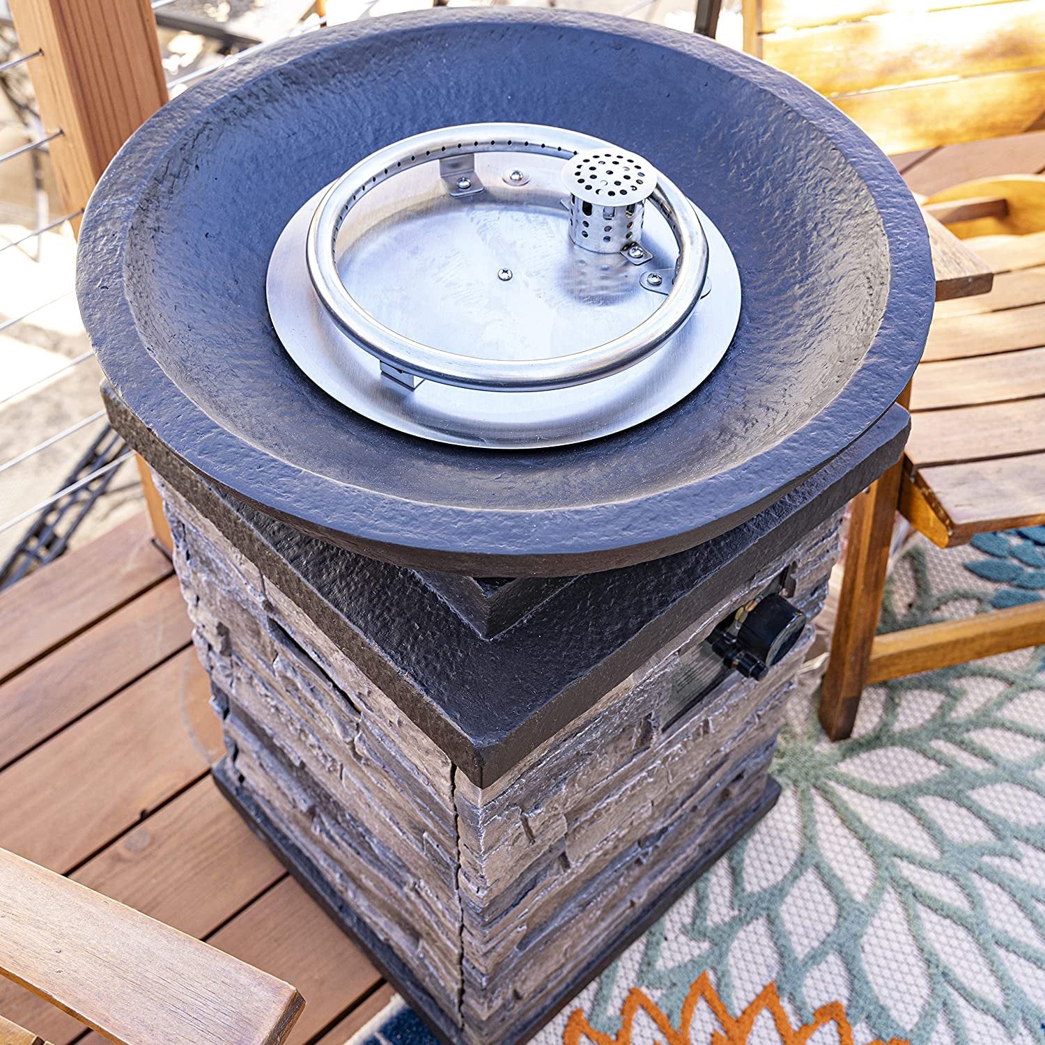 "Enhance Your Outdoor Ambiance with the Newcastle Propane Firebowl Column - Realistic Look Firepit Heater with Lava Rock, 40,000 BTU Outdoor Gas Fire Pit - Experience the Beauty of Natural Stone!"